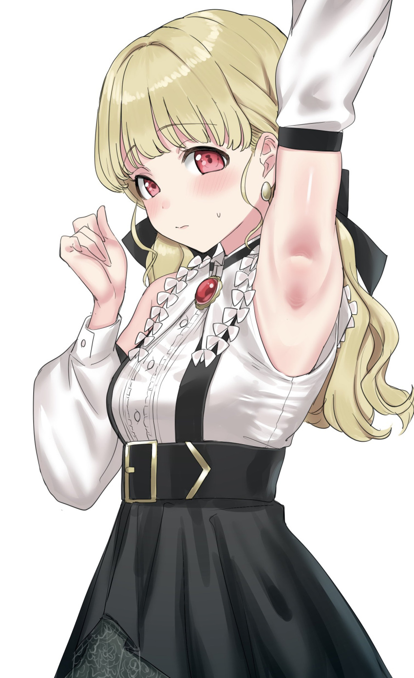 1girl absurdres akkgsyk arm_up armpits blonde_hair blush breasts closed_mouth detached_sleeves earrings hand_up highres jewelry kogara_toto lips long_hair looking_at_viewer medium_breasts presenting_armpit red_eyes shy simple_background solo sweat virtual_youtuber vspo! white_background