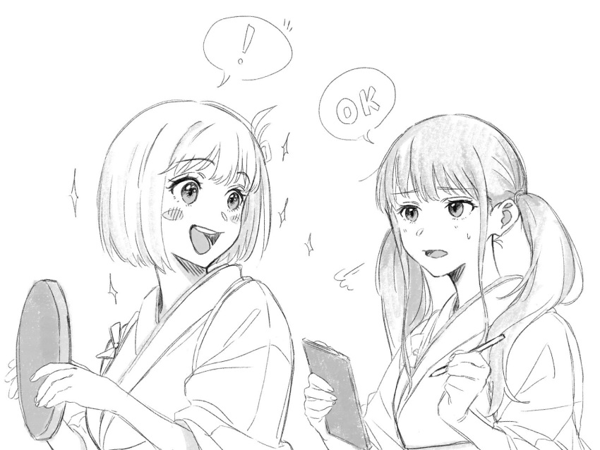 ! 2girls :d blonde_hair blush commentary greyscale hair_ribbon highres holding holding_notepad holding_pen holding_tray inoue_takina japanese_clothes kimono looking_at_another lycoris_recoil monochrome multiple_girls nishikigi_chisato notepad one_side_up open_mouth pen ribbon sidelocks simple_background smile sparkle speech_bubble spoken_exclamation_mark sweatdrop teeth tray twintails upper_teeth_only white_background yomo_(moo_777_moo)