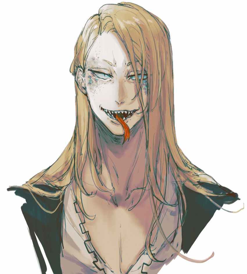 1boy absurdres black_jacket blonde_hair collarbone fate/grand_order fate_(series) forked_tongue highres jacket long_hair looking_at_viewer male_focus no_eyewear open_clothes open_jacket rachelyuk00 sharp_teeth shirt simple_background slit_pupils solo teeth tezcatlipoca_(fate) tongue tongue_out upper_body white_background white_shirt