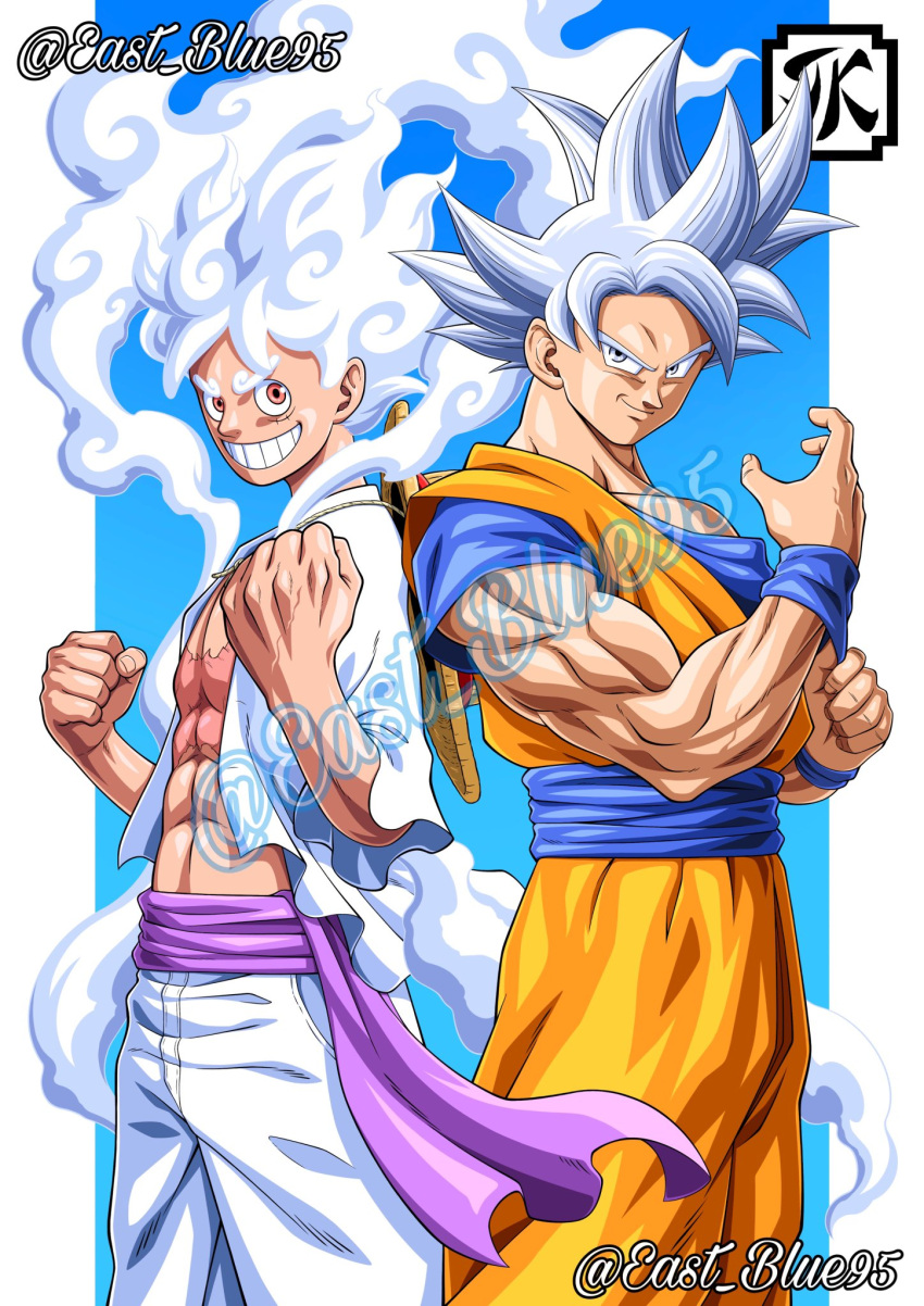 2boys artist_name blue_sash blue_shirt blue_wristband clenched_hand closed_mouth crossover dougi dragon_ball dragon_ball_super eastblue_95 gear_fifth highres looking_at_viewer male_focus monkey_d._luffy multiple_boys muscular muscular_male one_piece orange_robe pectorals robe sash scar scar_on_cheek scar_on_chest scar_on_face shirt short_hair short_sleeves signature smile son_goku spiky_hair super_saiyan teeth torn torn_clothes ultra_instinct white_hair