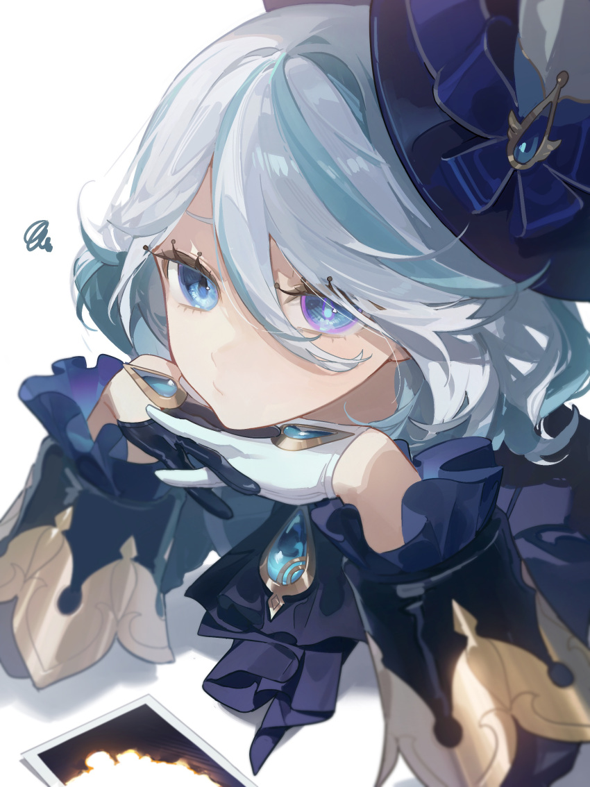 1girl absurdres arm_support ascot asymmetrical_gloves black_ascot black_gloves blue_eyes blue_hair blue_headwear blue_shirt bow closed_mouth commentary_request focalors_(genshin_impact) frilled_ascot frilled_sleeves frills genshin_impact gloves hair_between_eyes half_gloves hat hat_bow highres light_blue_hair long_sleeves looking_at_viewer mismatched_gloves own_hands_together shirt simple_background solo squiggle upper_body white_background white_gloves yurayura_(mdeh5447)