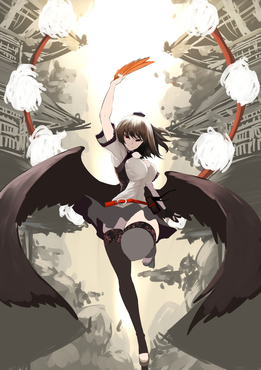 1girl absurdres belt bird_wings black_hair black_skirt black_thighhighs black_wings breasts closed_mouth commentary_request full_body geta hand_fan hat hauchiwa highres holding holding_fan ishida_kazuma large_breasts looking_at_viewer outdoors pom_pom_(clothes) red_eyes red_headwear shameimaru_aya shirt short_hair short_sleeves skirt solo tengu-geta thigh-highs tokin_hat touhou white_shirt wings