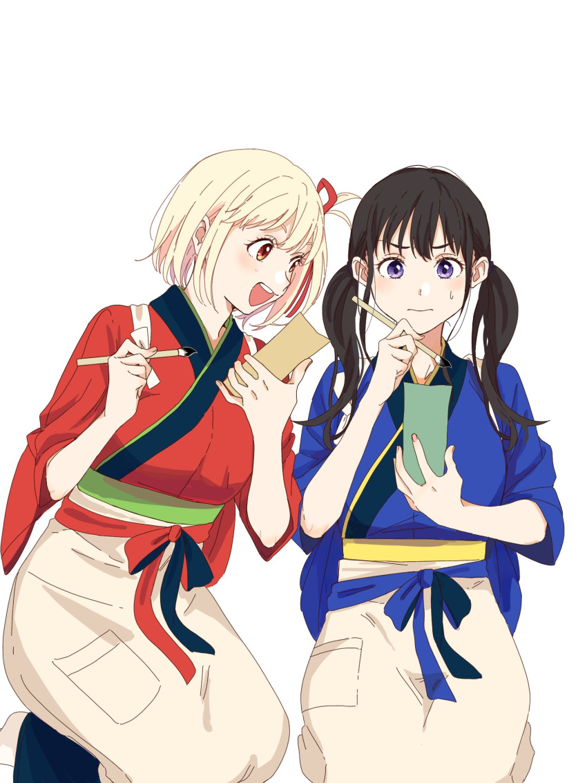 2girls :d black_hair blonde_hair blue_bow blue_kimono blush bob_cut bow calligraphy_brush closed_mouth commentary hair_ribbon highres holding holding_brush holding_tanzaku inoue_takina japanese_clothes kimono long_hair looking_at_another lycoris_recoil multiple_girls nishikigi_chisato official_alternate_costume one_side_up open_mouth paintbrush red_bow red_eyes red_kimono red_ribbon ribbon sash seiza short_hair short_sleeves simple_background sitting skirt smile sweatdrop tanzaku teeth twintails upper_teeth_only variant_set violet_eyes white_background wide_sleeves yellow_skirt yomo_(moo_777_moo)