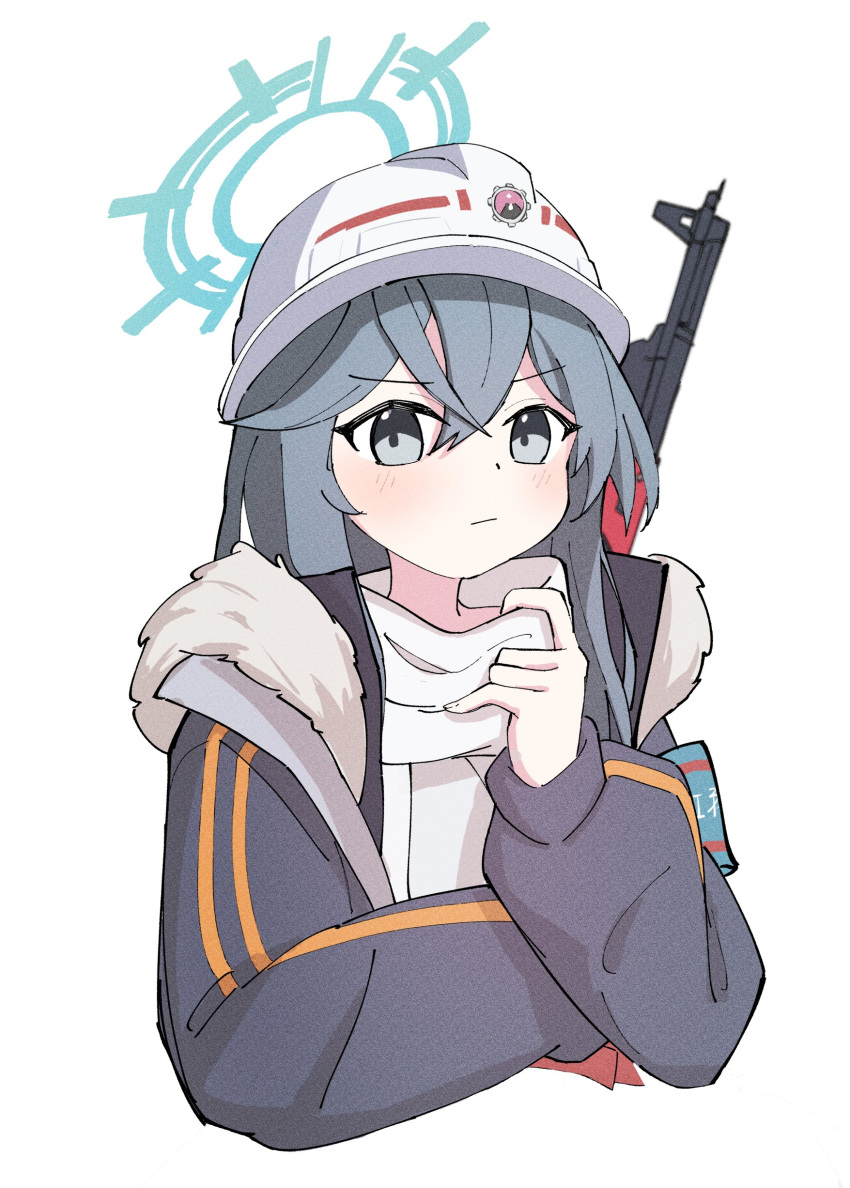 1girl absurdres akm armband assault_rifle blue_archive blue_hair closed_mouth cropped_torso fur-trimmed_jacket fur_trim grey_eyes grey_jacket gun hair_between_eyes halo hardhat helmet highres jacket kalashnikov_rifle light_blush long_sleeves looking_at_viewer minori_(blue_archive) morphling_(artist) rifle scarf simple_background solo upper_body weapon weapon_on_back white_background white_helmet white_scarf