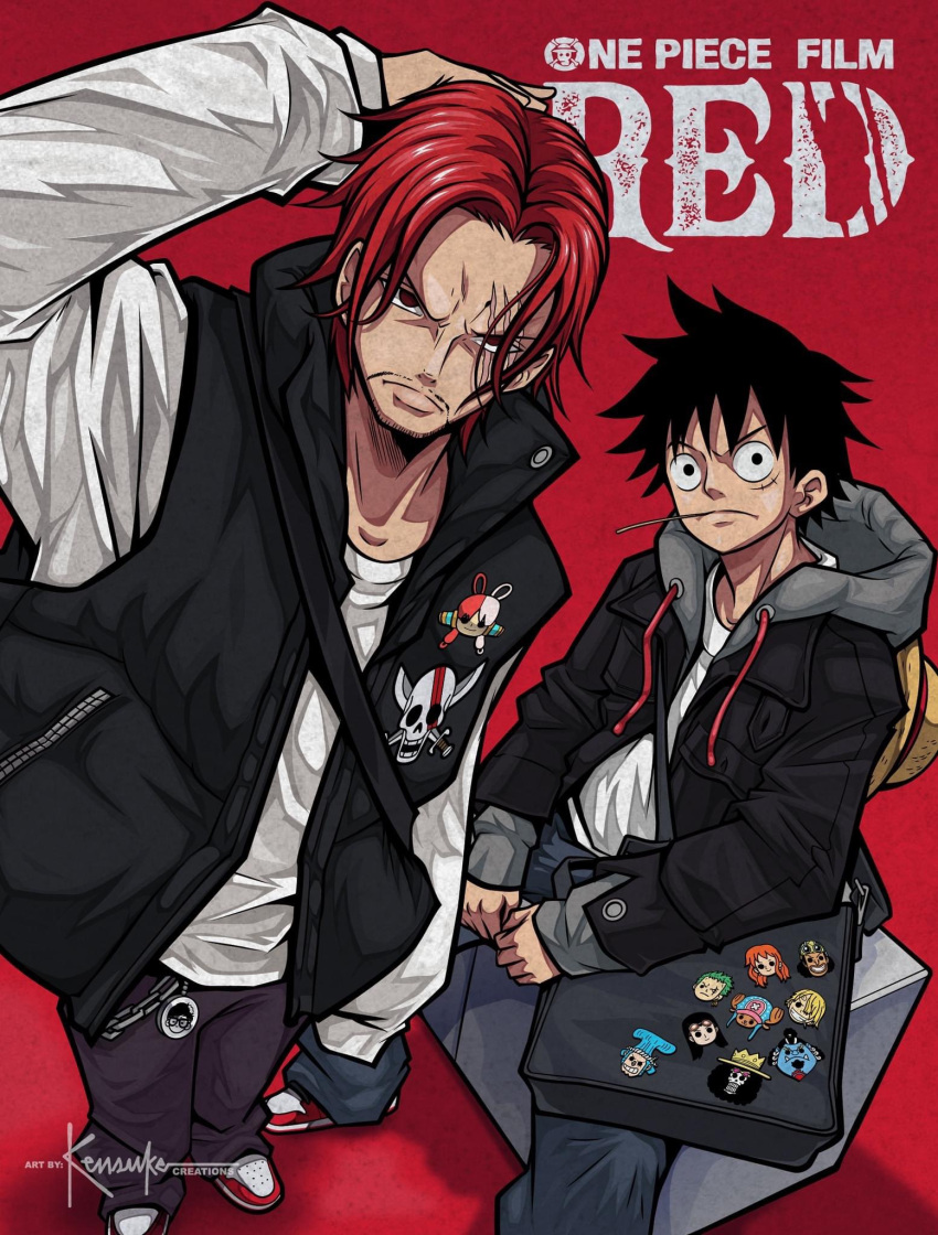 2boys alternate_costume artist_name black_eyes black_hair closed_mouth hair_over_one_eye hat hat_removed headwear_removed highres jolly_roger kensuke_creations looking_at_viewer male_focus monkey_d._luffy multiple_boys one_piece one_piece_film:_red red_background redhead scar scar_across_eye scar_on_cheek scar_on_face shanks_(one_piece) short_hair sitting skull_and_crossbones straw_hat