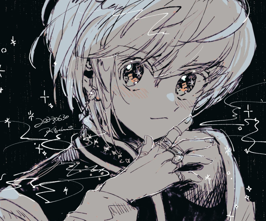 1other androgynous blonde_hair crystal_earrings dated earrings hunter_x_hunter jewelry kigchi kurapika long_sleeves looking_at_viewer partially_colored ring short_hair signature solo tabard thumb_ring upper_body