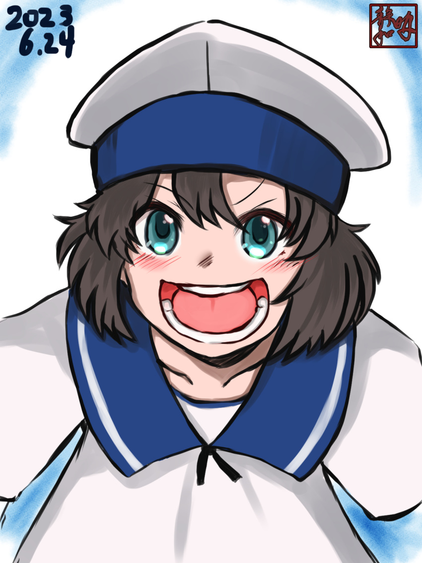 1girl artist_logo black_hair blue_eyes bob_cut daitou_(kancolle) dated dress hat highres kantai_collection one-hour_drawing_challenge open_mouth sailor_collar sailor_dress sailor_hat shizuwaza short_hair short_sleeves sidelocks smile solo teeth upper_body white_dress