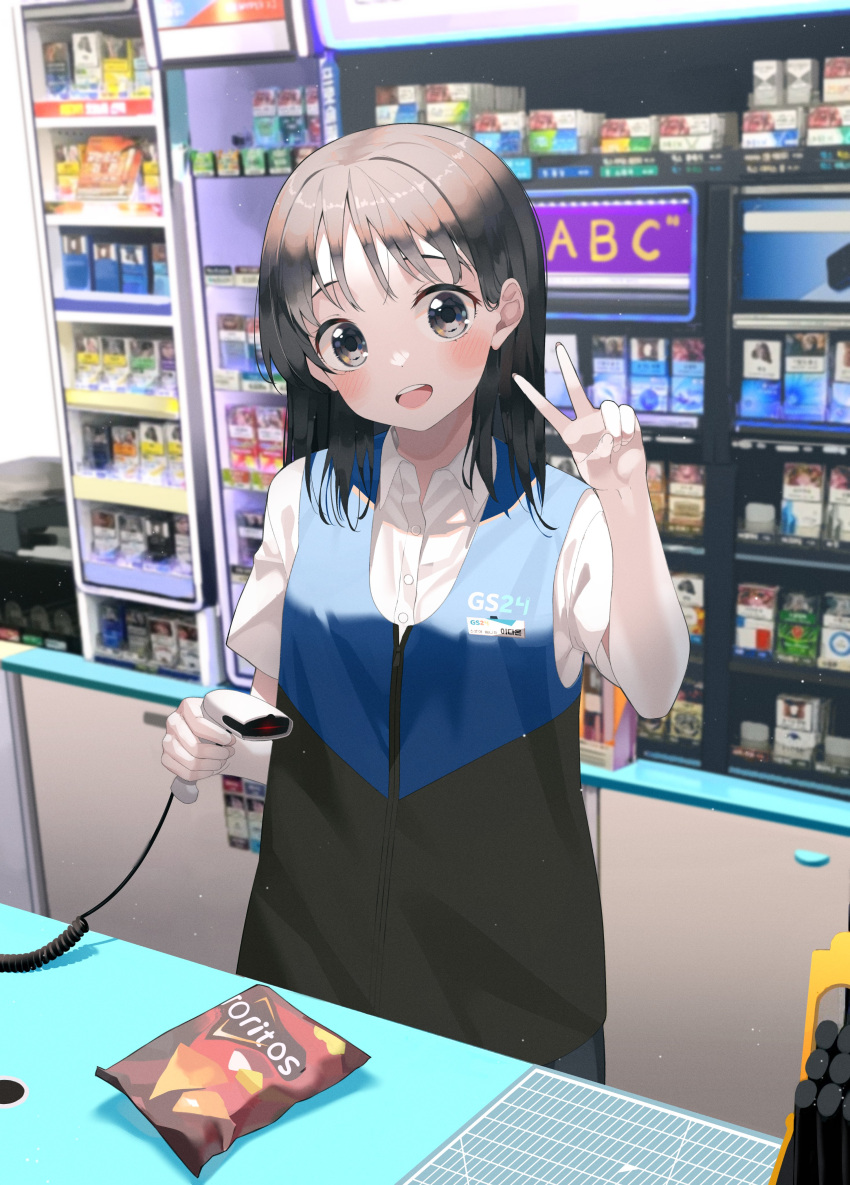 1girl absurdres bag_of_chips barcode_scanner black_eyes black_hair blush brand_name_imitation cashier collared_shirt commentary convenience_store counter doritos employee_uniform hand_up highres holding_scanner indoors kanzi looking_at_viewer medium_hair name_tag open_mouth original shirt shop short_sleeves smile solo store_clerk symbol-only_commentary teeth uniform upper_teeth_only v white_shirt