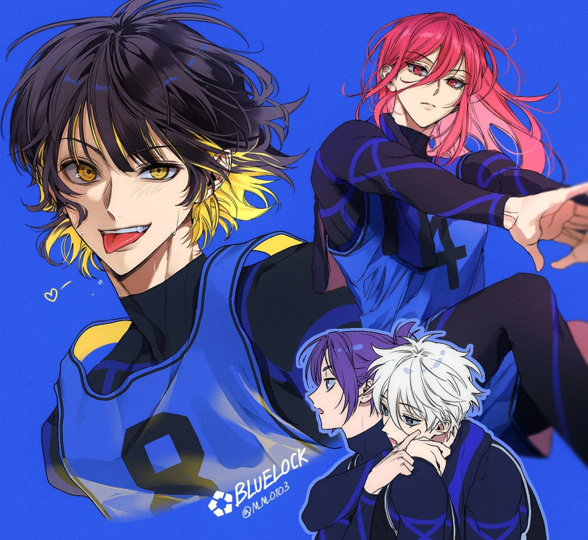 4boys bachira_meguru black_bodysuit black_eyes black_hair blonde_hair blue_lock blue_shorts blue_tank_top bodysuit chigiri_hyoma closed_mouth colored_inner_hair copyright_name hands_up highres knee_up long_hair looking_at_viewer m_m_pb male_focus mikage_reo multicolored_hair multiple_boys nagi_seishirou open_mouth profile purple_hair red_eyes redhead short_hair short_ponytail shorts smile sweat tank_top tongue tongue_out twitter_username two-tone_hair upper_body v-shaped_eyebrows violet_eyes white_hair yellow_eyes