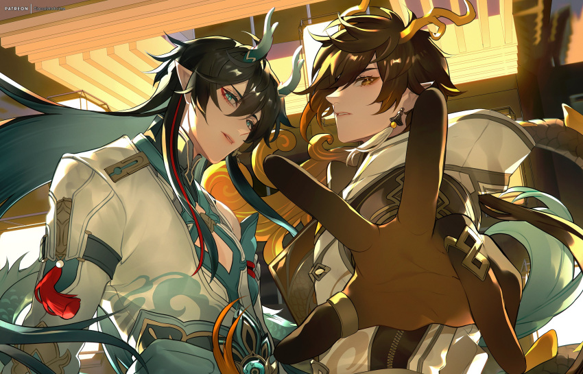 2boys artist_name black_hair blue_eyes blue_hair brown_eyes brown_hair chinese_clothes cioccolatodorima cleavage_cutout clothing_cutout coat commentary dan_heng_(honkai:_star_rail) dan_heng_(imbibitor_lunae)_(honkai:_star_rail) dragon_horns dragon_tail earrings english_commentary expressionless eyelashes floating_hair genshin_impact gold_trim gradient_hair hair_between_eyes head_tilt highres honkai:_star_rail honkai_(series) hood hood_down hooded_coat horns jacket jewelry lantern long_hair looking_at_viewer low_ponytail male_focus mandarin_collar multicolored_hair multiple_boys outstretched_arm outstretched_hand parted_lips patreon_username pointy_ears ponytail reaching reaching_towards_viewer rex_lapis_(genshin_impact) ring sidelocks sideways_glance tail tassel tassel_earrings thumb_ring upper_body watermark white_coat white_jacket zhongli_(archon)_(genshin_impact) zhongli_(genshin_impact)