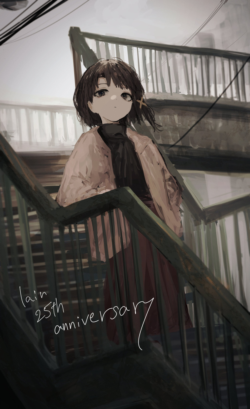 1girl absurdres anniversary asymmetrical_hair black_sweater brown_eyes brown_hair commentary_request expressionless grey_sky hair_ornament hairclip highres iwakura_lain jacket looking_at_viewer open_clothes open_jacket outdoors pedestrian_bridge pikuson serial_experiments_lain short_hair single_sidelock sketch skirt sky solo stairs sweater turtleneck turtleneck_sweater x_hair_ornament