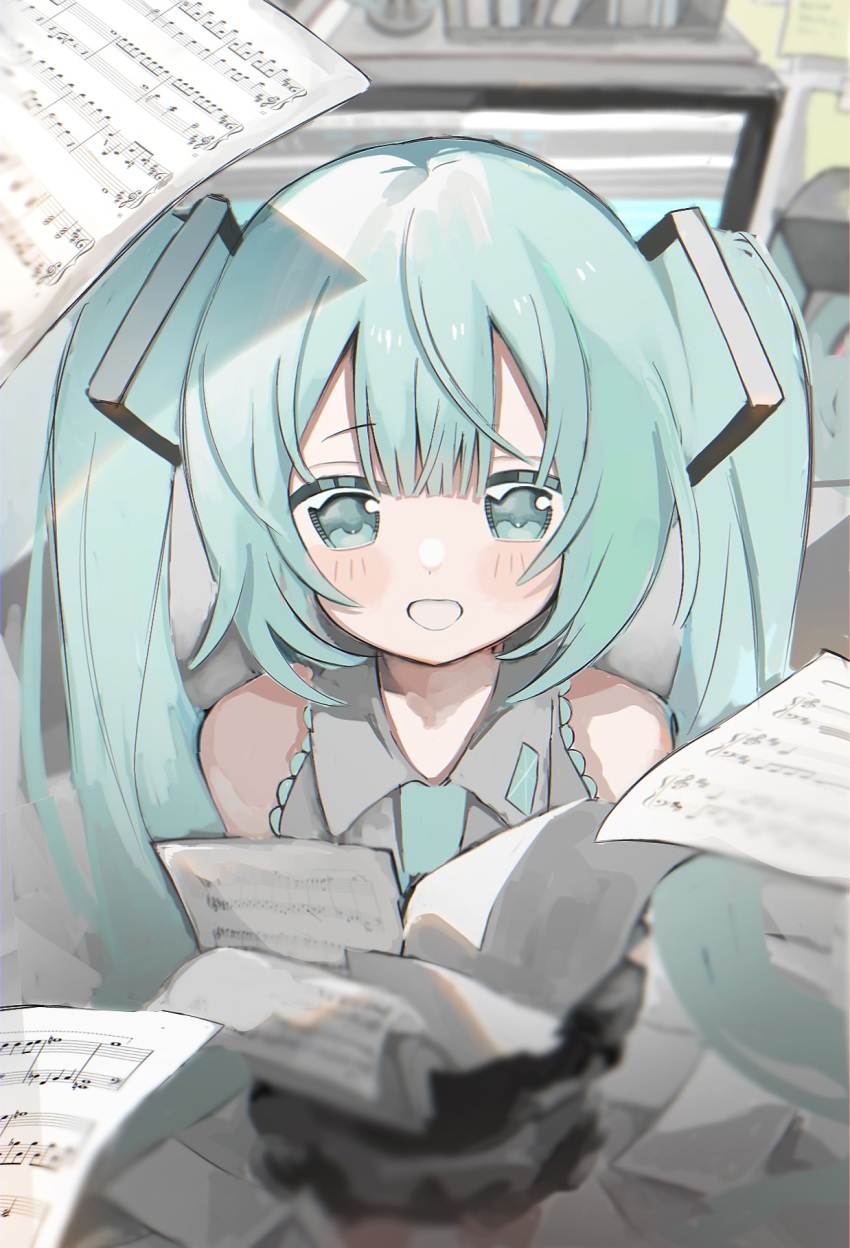 1girl :d aqua_eyes aqua_hair aqua_necktie bare_shoulders black_skirt blunt_bangs blurry blush collared_shirt commentary_request cowboy_shot depth_of_field grey_shirt hair_ornament hatsune_miku highres holding holding_paper indoors light_blush long_hair looking_at_viewer musical_note necktie open_mouth paper sheet_music shirt skirt sleeveless smile solo standing thighs twintails vocaloid yuta_2341