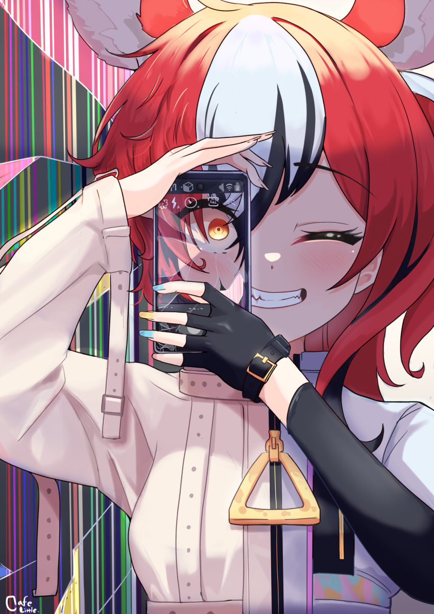 1girl animal_ears artist_name asymmetrical_clothes black_hair cafelittle cellphone cracked_screen fingerless_gloves gloves grin hakos_baelz highres hololive hololive_english mouse_ears mouse_girl multicolored_hair multicolored_nails one_eye_closed phone redhead smartphone smile split_theme straitjacket streaked_hair virtual_youtuber white_hair yellow_eyes