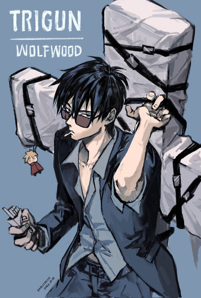 1boy belt black_belt black_eyes black_hair black_jacket black_pants blue_background box character_doll cigarette closed_mouth collarbone cowboy_shot cross grey_shirt highres holding holding_box jacket large_cross long_sleeves looking_at_viewer male_focus mouth_hold nicholas_d._wolfwood over_shoulder oxalicacid23 pants partially_unbuttoned shirt short_hair simple_background solo standing sunglasses trigun trigun_stampede