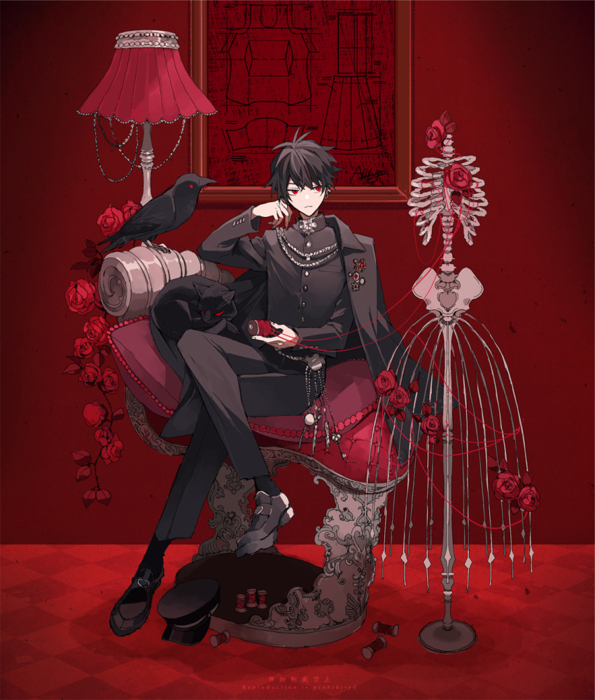 1boy :&lt; aiguillette aki_(abblim) belt bird black_cape black_cat black_hair black_headwear black_jacket black_pants black_socks blueprint_(object) brown_footwear buttoned_cuffs cape cat chair checkered_floor closed_mouth crossed_legs crow earrings elbow_rest expressionless flower gakuran hair_between_eyes hand_up hat hat_removed headwear_removed highres holding jacket jewelry key keyring lamp loafers long_sleeves looking_at_viewer male_focus mannequin original pants peaked_cap picture_frame red_background red_eyes red_flower red_rose rose sanpaku school_uniform scissors shoes short_hair shoulder_cape sideways_glance signature sitting skeleton socks solo spool thread
