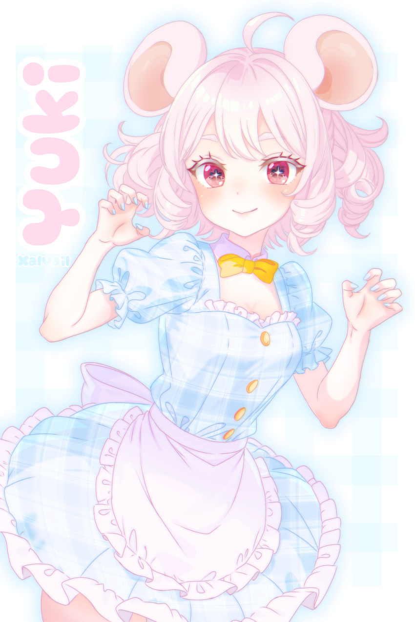 1girl absurdres animal_ears apron blue_dress bow breasts curly_hair dress highres mouse_ears mouse_girl nail_polish naughty_face original red_eyes smug thick_eyebrows thick_eyelashes waist_apron white_apron white_hair xalvail yellow_bow