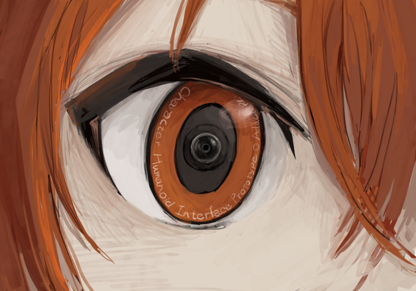 1girl a.i._voice adachi_rei artificial_eye character_name close-up commentary english_commentary english_text eye_focus eyeball eyelashes head_out_of_frame highres lens_eye looking_at_viewer mechanical_eye orange_eyes orange_hair rabideli text_in_eyes utau