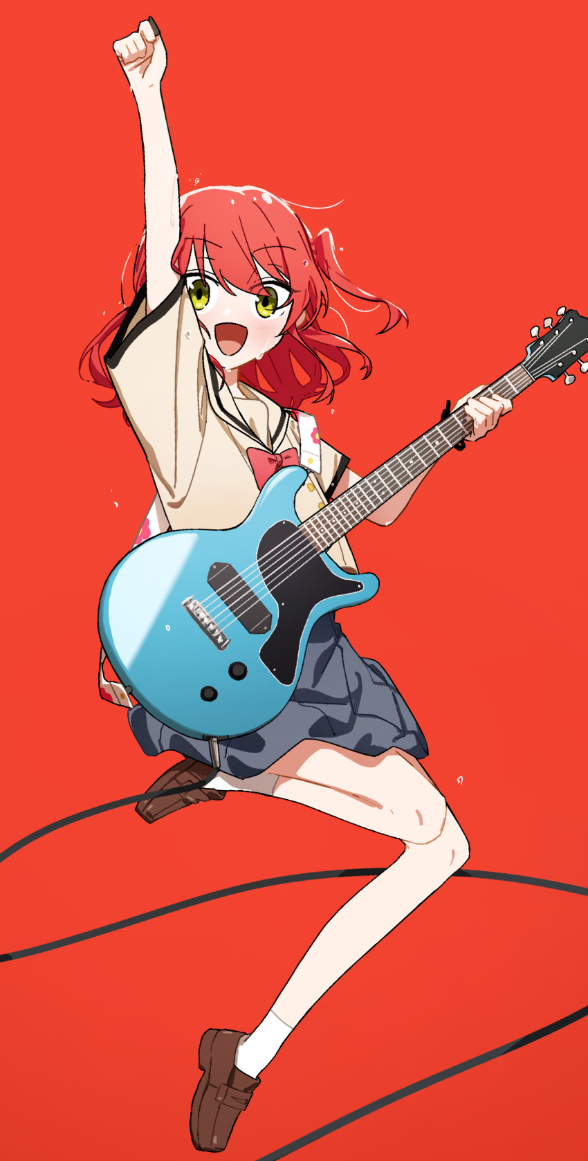 1girl absurdres bare_legs blush bocchi_the_rock! cable electric_guitar guitar highres holding holding_instrument holding_plectrum instrument jumping kita_ikuyo looking_at_viewer miya_(miya-oekaki1128) outstretched_arm plectrum red_background school_uniform simple_background smile socks solo sweat white_socks