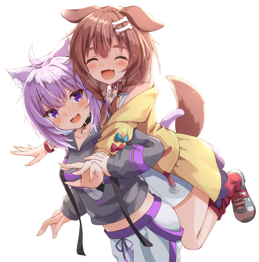 2girls :d animal_ears bone_hair_ornament braid breasts brown_hair cartoon_bone cat_ears collar commentary_request dog_ears dog_girl dog_tail dress grey_footwear grey_hoodie hair_ornament hair_over_shoulder highres hololive hood hood_down hoodie inugami_korone jacket long_hair low_twintails medium_breasts midriff minazuki_mizu multiple_girls nail_polish nekomata_okayu off_shoulder open_clothes open_jacket pants purple_hair red_collar red_socks shoes simple_background smile socks tail thick_eyebrows twin_braids twintails violet_eyes virtual_youtuber white_background white_dress white_pants yellow_jacket yellow_nails
