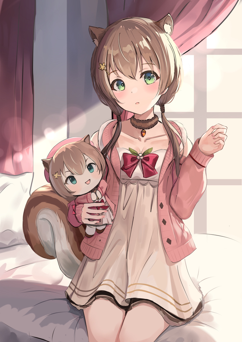 1girl absurdres animal_ears arms_at_sides ayunda_risu ayunda_risu_(1st_costume) backlighting blush breasts brown_choker brown_hair cardigan character_doll choker clothing_cutout collarbone commentary doll_hug dress english_commentary fur_choker green_eyes hair_ornament hairclip hand_up highres hololive hololive_indonesia indoors karu_(karusenpai) long_hair low_twintails medium_breasts no_headwear object_hug on_bed pink_cardigan short_dress shoulder_cutout sitting squirrel_ears squirrel_girl squirrel_tail surprised tail twintails virtual_youtuber white_dress