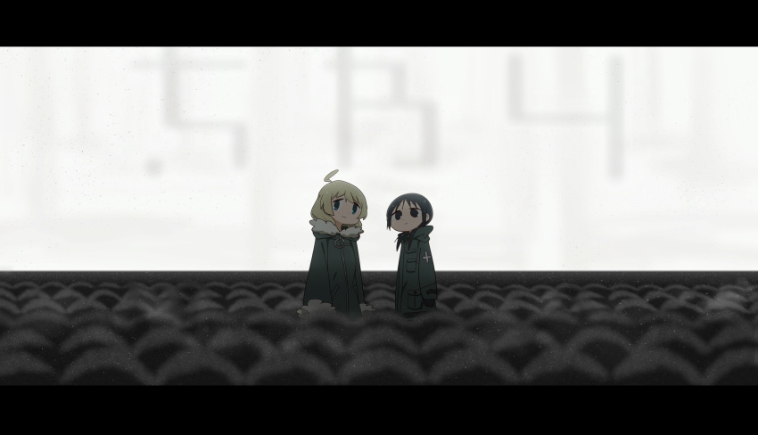 2girls absurdres ahoge black_eyes black_hair blonde_hair blue_eyes chito_(shoujo_shuumatsu_ryokou) closed_mouth coat commentary enpera expressionless fur-trimmed_coat fur_trim green_coat hair_over_shoulder highres hood hood_down hooded_coat indoors jell_(jell_y_fish) letterboxed long_sleeves looking_at_viewer low_twintails military_uniform movie_theater multiple_girls o-ring screen shoujo_shuumatsu_ryokou smile standing symbol-only_commentary tareme twintails uniform wide_shot yuuri_(shoujo_shuumatsu_ryokou) zipper