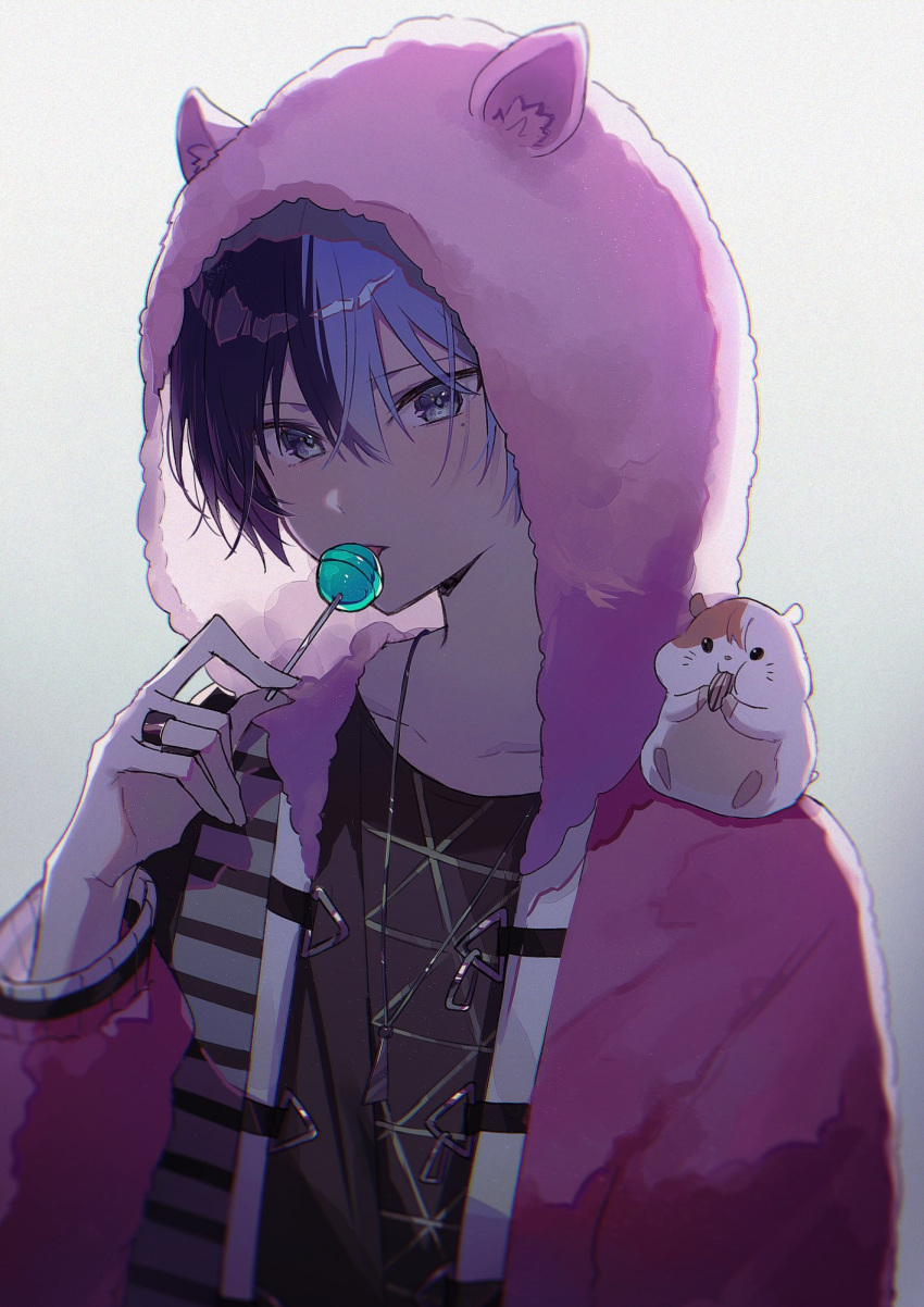 1boy animal_hood animal_on_shoulder awakening_beat_(project_sekai) beat_eater_(vocaloid) blue_hair candy commentary_request dark_blue_hair food gradient_background grey_eyes hair_between_eyes hamster hand_up highres holding holding_candy holding_food holding_lollipop hood hood_up hooded_jacket jacket jewelry jishio lollipop long_sleeves looking_at_viewer male_focus mole mole_under_eye multicolored_hair necklace official_alternate_costume project_sekai ring short_hair solo split-color_hair two-tone_hair upper_body