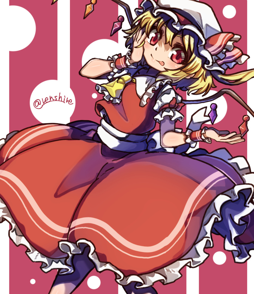 1girl :p arm_up ascot blonde_hair crystal feet_out_of_frame flandre_scarlet flat_chest frills hand_on_own_face hands_up highres light_blush looking_at_viewer one_side_up red_background red_eyes red_skirt red_vest renshirenji simple_background skirt skirt_set solo tongue tongue_out touhou vest wings yellow_ascot