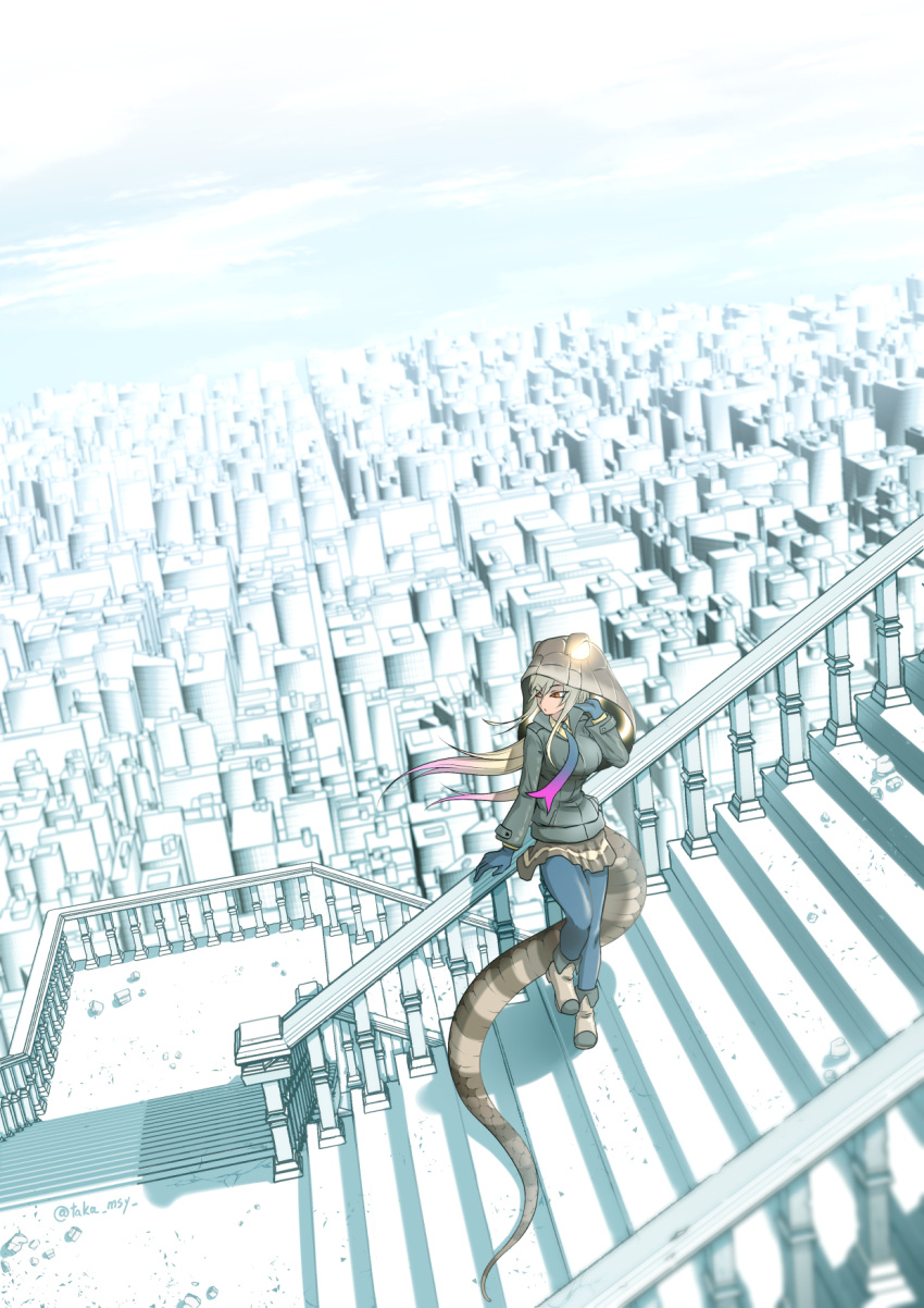 1girl against_railing animal_hood black_gloves blonde_hair blurry blurry_foreground city collared_jacket day detached_hood floating_hair full_body gloves glowing glowing_clothes grey_jacket hand_rest hand_up highres hood hood_up jacket kashisu_mint kemono_friends king_cobra_(kemono_friends) long_hair long_sleeves looking_to_the_side miniskirt multicolored_hair necktie orange_hair outdoors pants pants_under_skirt parted_lips pink_hair railing scenery shirt shoes skirt sky snake_hood snake_tail solo stairs standing standing_on_one_leg tail tan two-tone_hair very_long_hair wind zipper