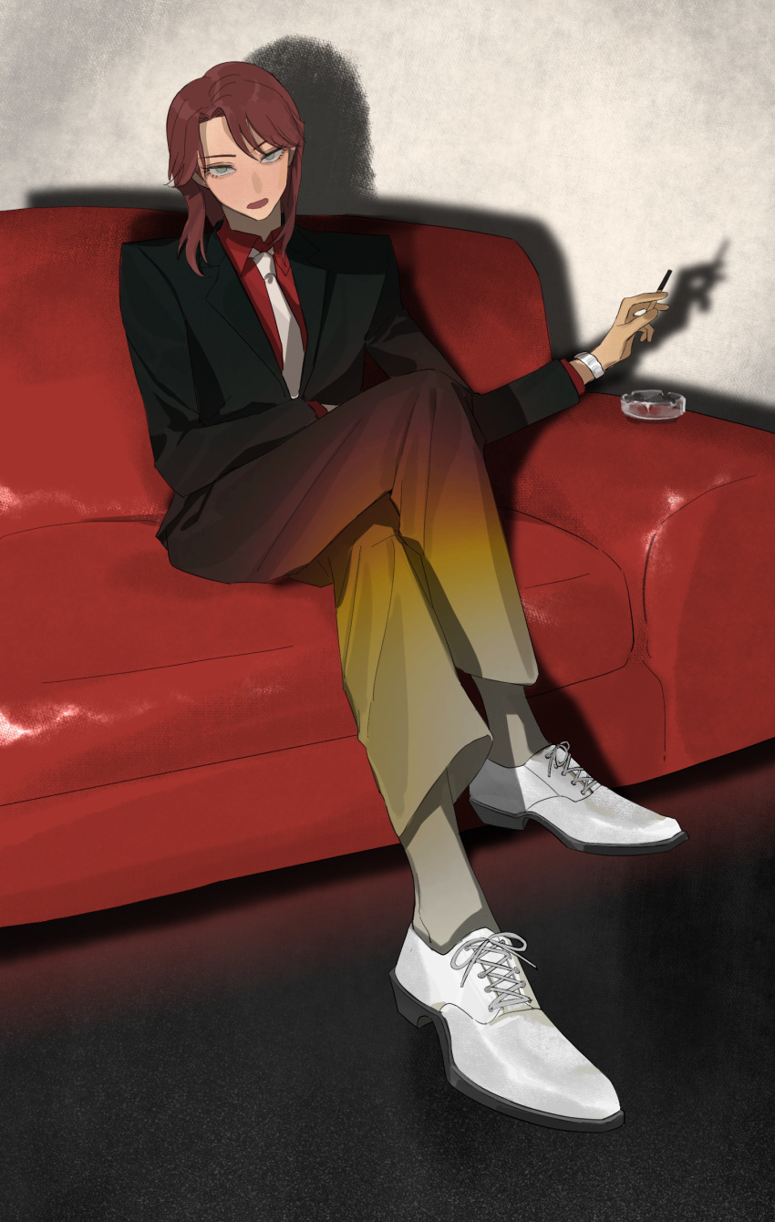 1boy ashtray black_pants cigarette collared_shirt commentary couch crossed_legs full_body gradient_pants grey_eyes grey_socks highres holding holding_cigarette ichijou_seiya kaiji long_hair looking_at_viewer male_focus medium_bangs necktie open_mouth pants parted_bangs red_pants red_shirt redhead shirt shoes sitting socks solo suit white_footwear white_necktie xt1125cj yellow_pants