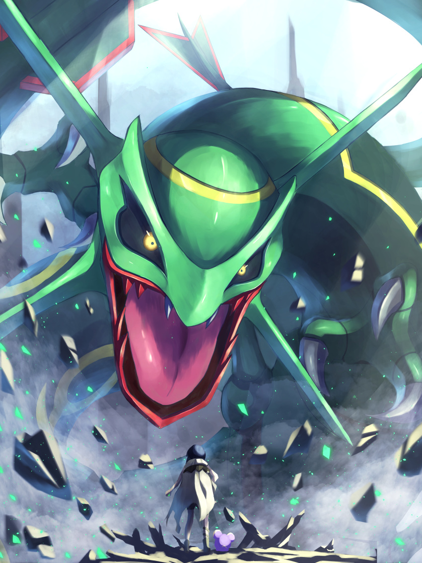 1girl absurdres black_hair black_sclera claws cloak colored_sclera commentary_request dragon eastern_dragon fangs highres open_mouth pokemon pokemon_(creature) pokemon_(game) pokemon_oras rayquaza ririri_(user_rkrv7838) rock standing tongue whismur yellow_eyes zinnia_(pokemon)