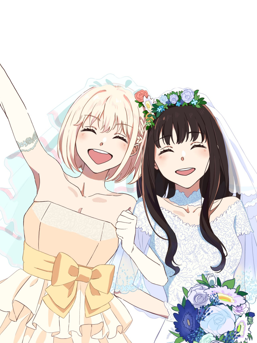 bare_shoulders black_hair blonde_hair blue_flower blush bob_cut bouquet bow bridal_veil bride closed_eyes collarbone couple detached_collar dress elbow_gloves flower gloves hair_between_eyes hair_flower hair_ornament head_wreath highres holding holding_bouquet inoue_takina lace_dress locked_arms long_hair lycoris_recoil nishikigi_chisato off-shoulder_dress off_shoulder open_mouth petals see-through see-through_sleeves short_hair simple_background smile strapless strapless_dress teeth upper_teeth_only variant_set veil wedding_dress white_background white_gloves wife_and_wife yellow_bow yomo_(moo_777_moo) yuri