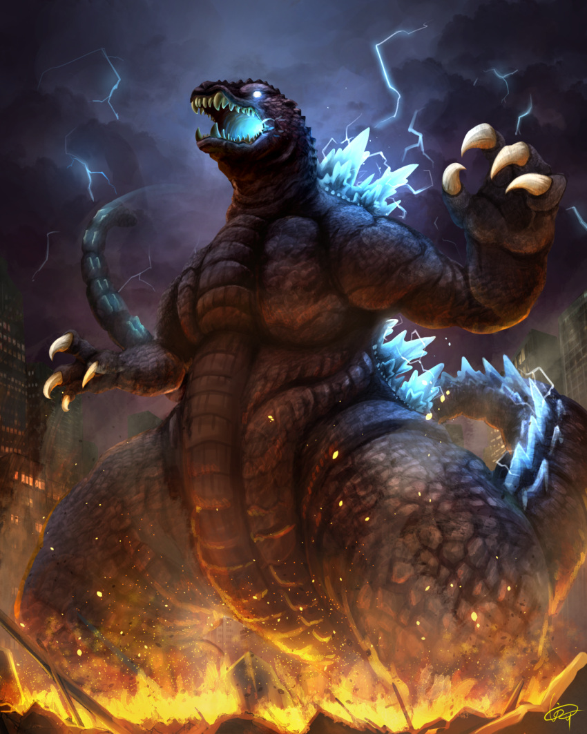 building claws destruction embers fire giant giant_monster glowing glowing_eyes godzilla godzilla_(series) highres inosuke_(monstruo) kaijuu lightning no_humans open_mouth scales sharp_teeth signature skyscraper solo storm teeth