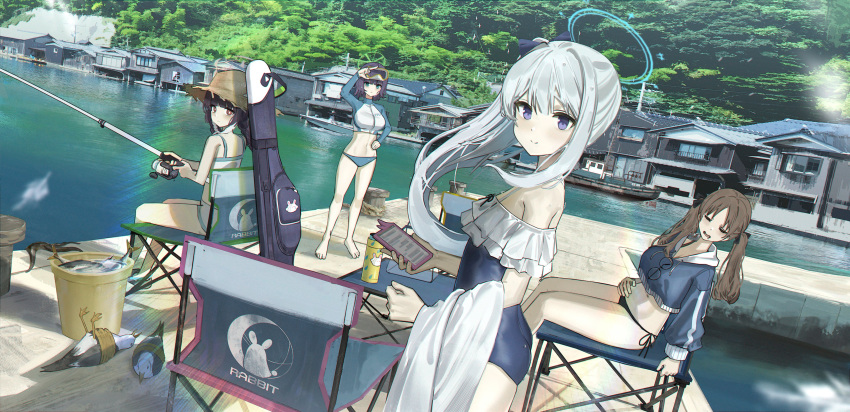 4girls absurdres bare_shoulders bird blue_archive blue_eyes bottle breasts brown_hair cellphone chair character_request crop_top dutch_angle fishing_rod geki_dan halo hat highres holding holding_fishing_rod holding_phone large_breasts looking_at_viewer miyako_(blue_archive) miyako_(swimsuit)_(blue_archive) miyu_(blue_archive) miyu_(swimsuit)_(blue_archive) moe_(blue_archive) moe_(swimsuit)_(blue_archive) multiple_girls one-piece_swimsuit outdoors phone pier sitting smartphone standing straw_hat swimsuit tentacles tree twintails violet_eyes water water_bottle white_hair