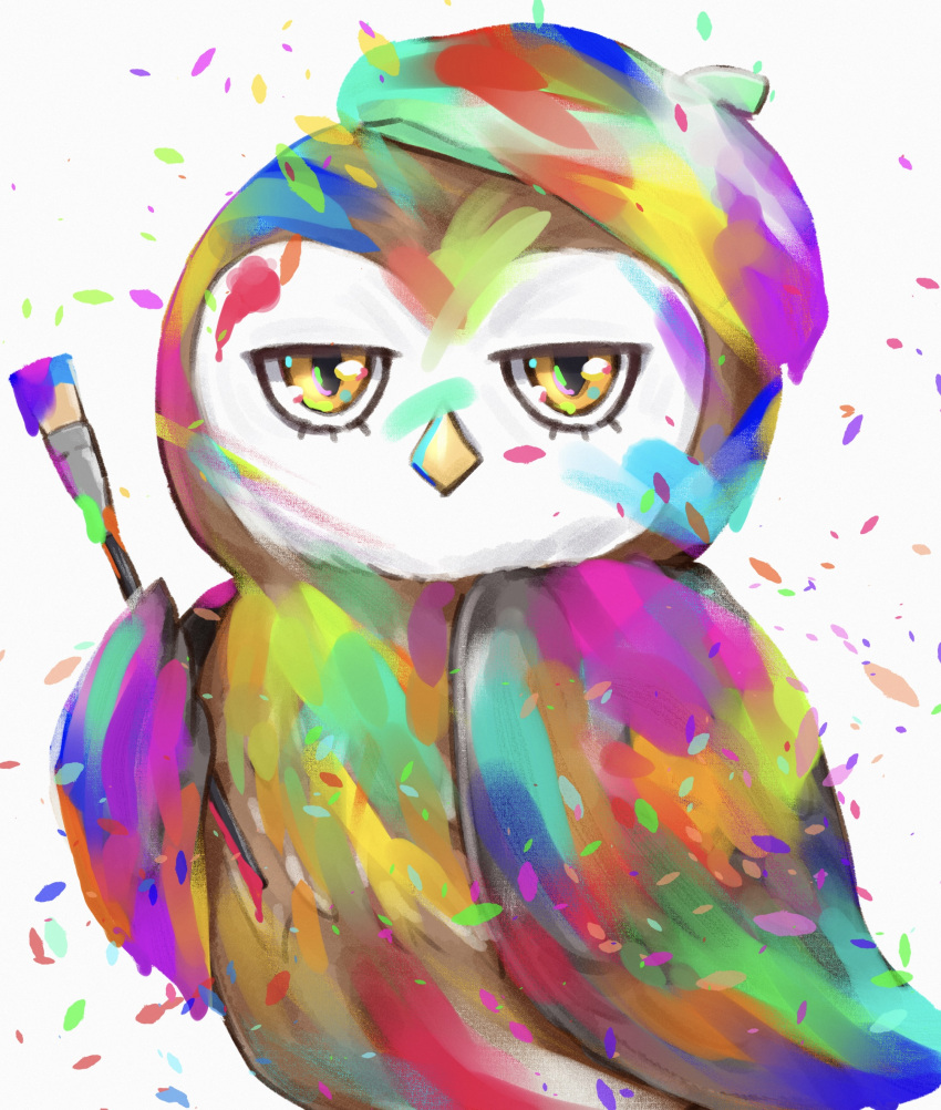 absurdres animal bird check_copyright colorful copyright_request hat highres holding holding_paintbrush looking_at_viewer m.tokotsu mimizuku_(sky:_children_of_the_light) multicolored_fur no_humans owl paintbrush petals sky:_children_of_the_light yellow_eyes
