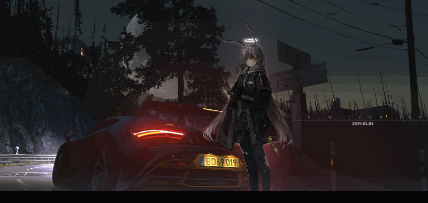1girl absurdres animal_ears black_coat black_pants brown_hair brown_scarf car closed_mouth coat dated direction_board english_text feet_out_of_frame glowing haguruma_c halo highres holding holding_phone house letterboxed license_plate long_sleeves looking_at_viewer mclaren mclaren_720s motor_vehicle night night_sky original pants phone power_lines scarf sky solo sports_car traffic_barrier tree yellow_eyes