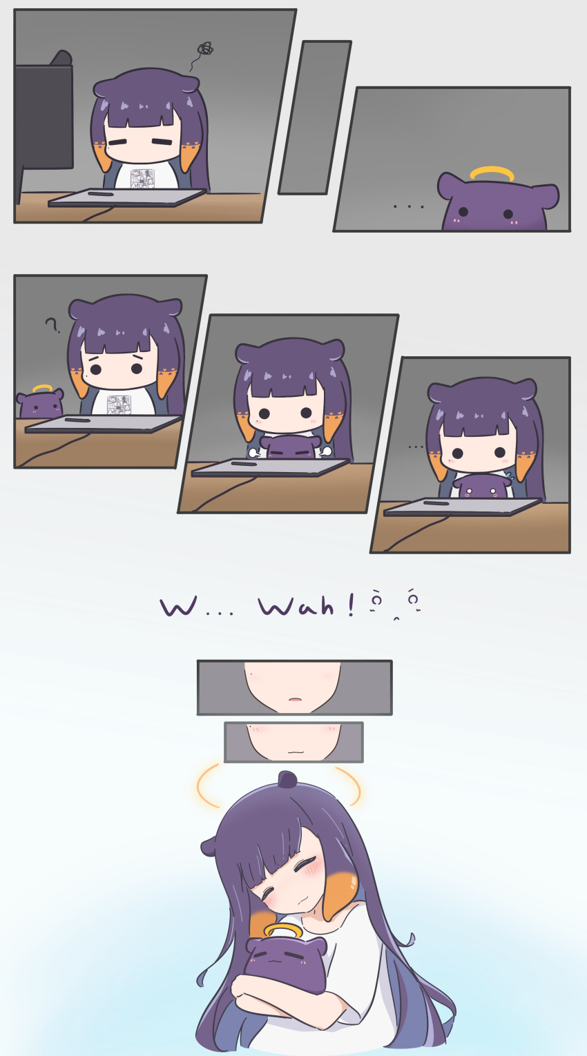 ... 1girl 1other ? absurdres blunt_bangs chibi commentary drawing_tablet english_commentary gradient_hair halo highres hololive hololive_english hug long_hair monitor mpien multicolored_hair ninomae_ina'nis octopus orange_hair pointy_ears purple_hair sidelocks smile solid_circle_eyes spiral stylus takodachi_(ninomae_ina'nis) tentacle_hair tentacles very_long_hair virtual_youtuber