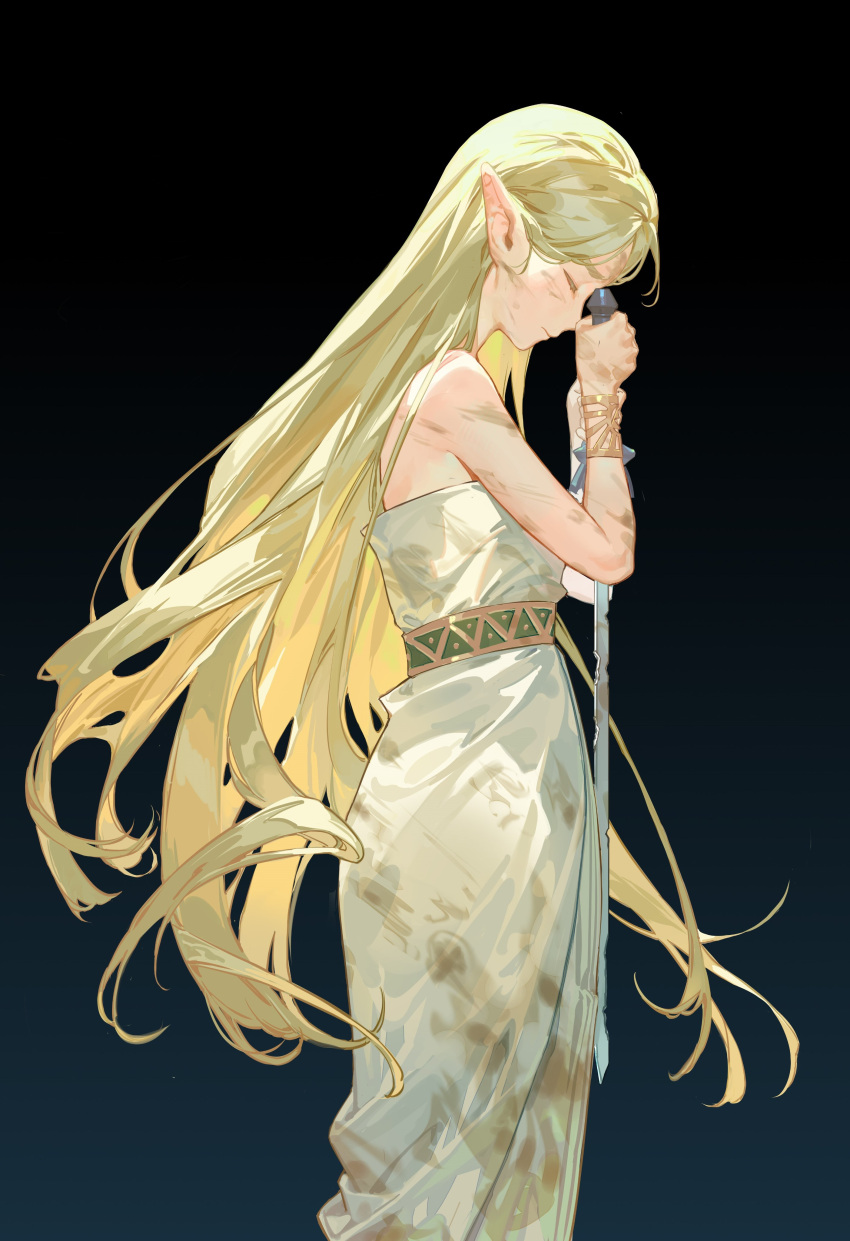 1girl absurdres bare_shoulders blonde_hair bracelet closed_eyes closed_mouth cowboy_shot dirty dirty_clothes dirty_face dress from_side hands_up highres holding holding_sword holding_weapon jewelry long_hair master_sword off-shoulder_dress off_shoulder pointy_ears princess_zelda profile solo sword tefco the_legend_of_zelda the_legend_of_zelda:_breath_of_the_wild very_long_hair weapon white_dress