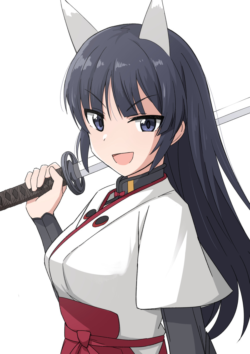 1girl :d anabuki_tomoko animal_ears black_hair blue_eyes emu_1316 fox_ears highres holding holding_sword holding_weapon japanese_clothes katana kimono long_hair looking_at_viewer raised_eyebrow simple_background smile solo strike_witches strike_witches:_suomus_misfits_squadron sword upper_body weapon white_background white_kimono world_witches_series