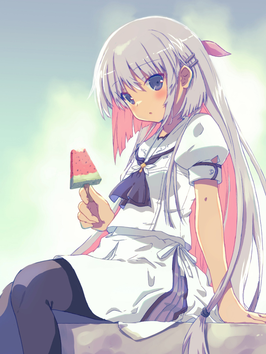 1girl akayama_yukihe arm_support ascot black_ascot black_pantyhose blush commentary_request cowboy_shot expressionless eyes_visible_through_hair food grey_background grey_eyes hair_between_eyes hair_ornament hair_over_shoulder hair_ribbon hairclip highres holding holding_food holding_ice_cream ice_cream leaning_back long_hair looking_at_viewer miniskirt naruse_shiroha pantyhose pink_ribbon popsicle puffy_short_sleeves puffy_sleeves ribbon school_uniform shirt short_sleeves sidelocks simple_background sitting skirt solo straight_hair summer_pockets very_long_hair watermelon_bar white_hair white_ribbon white_shirt white_skirt