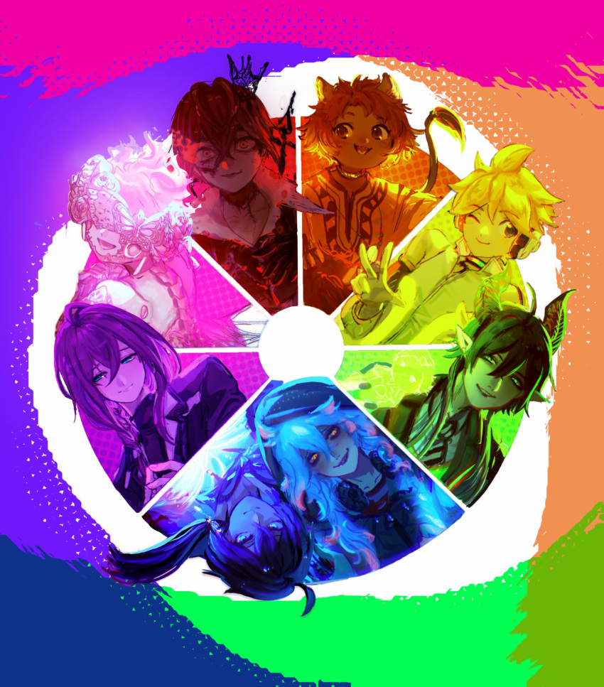 0zei_zei 6+boys ahoge animal_ears ayase_mayoi black_hair blonde_hair blue_hair braid bug butterfly character_request check_character cheka_kingscholar color_wheel_challenge hair_between_eyes highres idia_shroud kagamine_len lion_ears lion_tail long_hair malleus_draconia mask mechanical_spine multiple_boys one_eye_closed orange_hair ortho_shroud parted_lips pink_hair pointy_ears riddle_rosehearts short_hair side_braid smile tail twisted_wonderland upside-down vocaloid