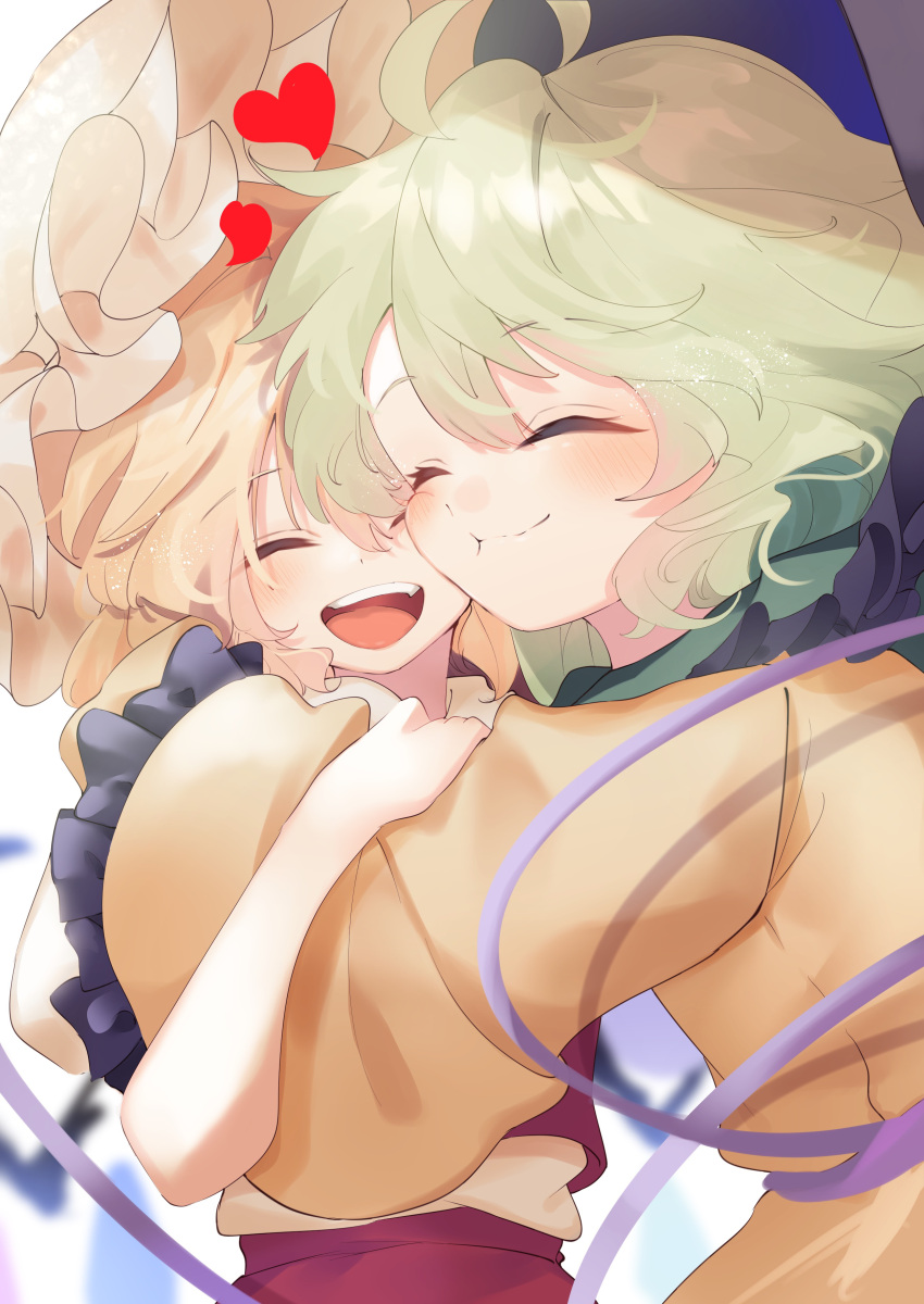 2girls :d :t ^_^ absurdres black_headwear blonde_hair blurry blush calpis118 cheek_press closed_eyes closed_mouth collar commentary_request depth_of_field eyelashes flandre_scarlet friends frilled_collar frilled_sleeves frills green_hair green_sailor_collar hair_between_eyes hand_on_another's_arm happy hat heart highres hug komeiji_koishi long_sleeves medium_hair mob_cap multiple_girls open_mouth sailor_collar shirt simple_background smile teeth touhou upper_body upper_teeth_only wavy_hair white_background white_headwear wide_sleeves yellow_shirt