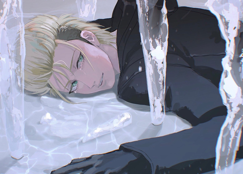 1boy black_coat black_gloves blonde_hair cloak coat crying demyx gloves green_eyes ice icicle kingdom_hearts long_sleeves lying male_focus mohawk smile solo spiky_hair tdmmt_r tears water