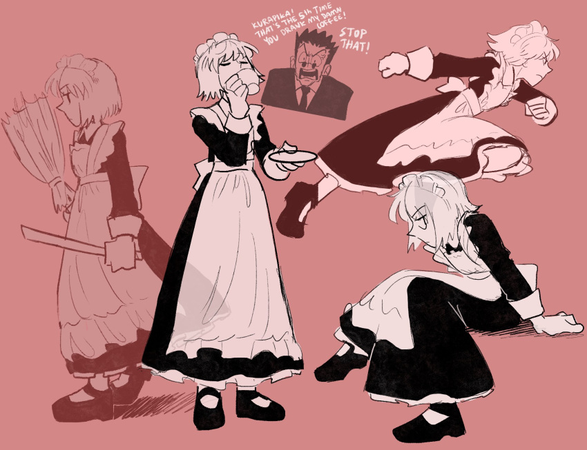 1boy 1other androgynous apron black_hair black_suit blonde_hair broom formal frilled_apron frills full_body highres holding holding_broom hunter_x_hunter kurapika leorio_paladiknight long_sleeves maid maid_apron maid_headdress necktie profile red_background round_eyewear running short_hair simple_background spiky_hair suit tiredhomeboi upper_body white_apron