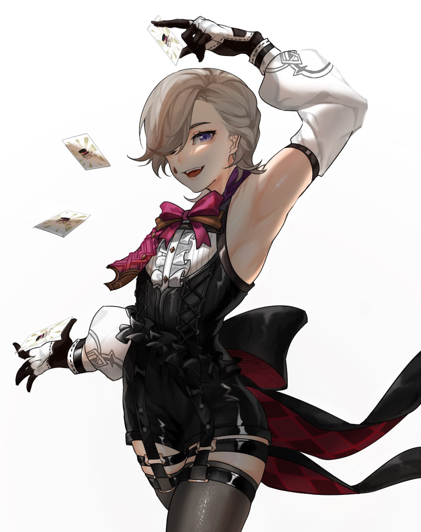 1boy asymmetrical_bangs back_bow black_bow bow bowtie card frilled_leotard frills genshin_impact grey_thighhighs highres leotard lyney_(genshin_impact) male_focus open_mouth pink_bow pink_bowtie playing_card short_hair simple_background smile solo suanqhateschool teardrop_facial_mark thigh-highs two-tone_gloves white_background