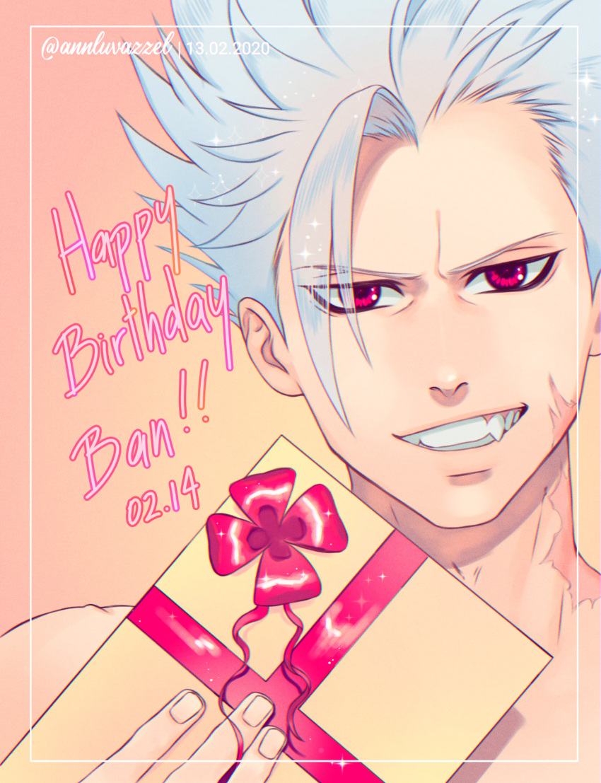 1boy annlu_vazzel arms_up ban_(nanatsu_no_taizai) box fang gift gift_box gradient_hair grey_hair grin happy_birthday highres holding holding_gift looking_at_viewer male_focus multicolored_hair nanatsu_no_taizai nude red_eyes scar scar_on_cheek scar_on_face scar_on_neck short_hair smile spiky_hair