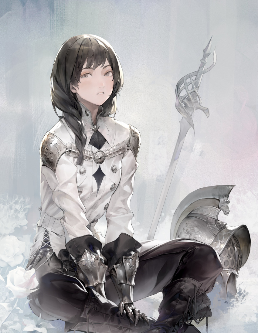 1girl absurdres black_hair boots braid butterfly_sitting commentary english_commentary flower gauntlets headwear_removed helmet helmet_removed highres jung_wonjo looking_at_viewer original parted_lips planted planted_sword rapier rose shirt sideways_glance sitting solo sword teeth twin_braids weapon white_background white_flower white_rose white_shirt white_theme