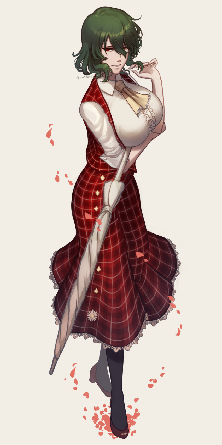 1girl 50x48x48 absurdres arm_under_breasts ascot black_footwear breasts commentary full_body green_hair grey_background hair_between_eyes high_heels highres holding holding_umbrella kazami_yuuka large_breasts looking_at_viewer plaid plaid_skirt red_eyes red_skirt red_vest short_hair simple_background skirt solo touhou twitter_username umbrella vest white_umbrella yellow_ascot
