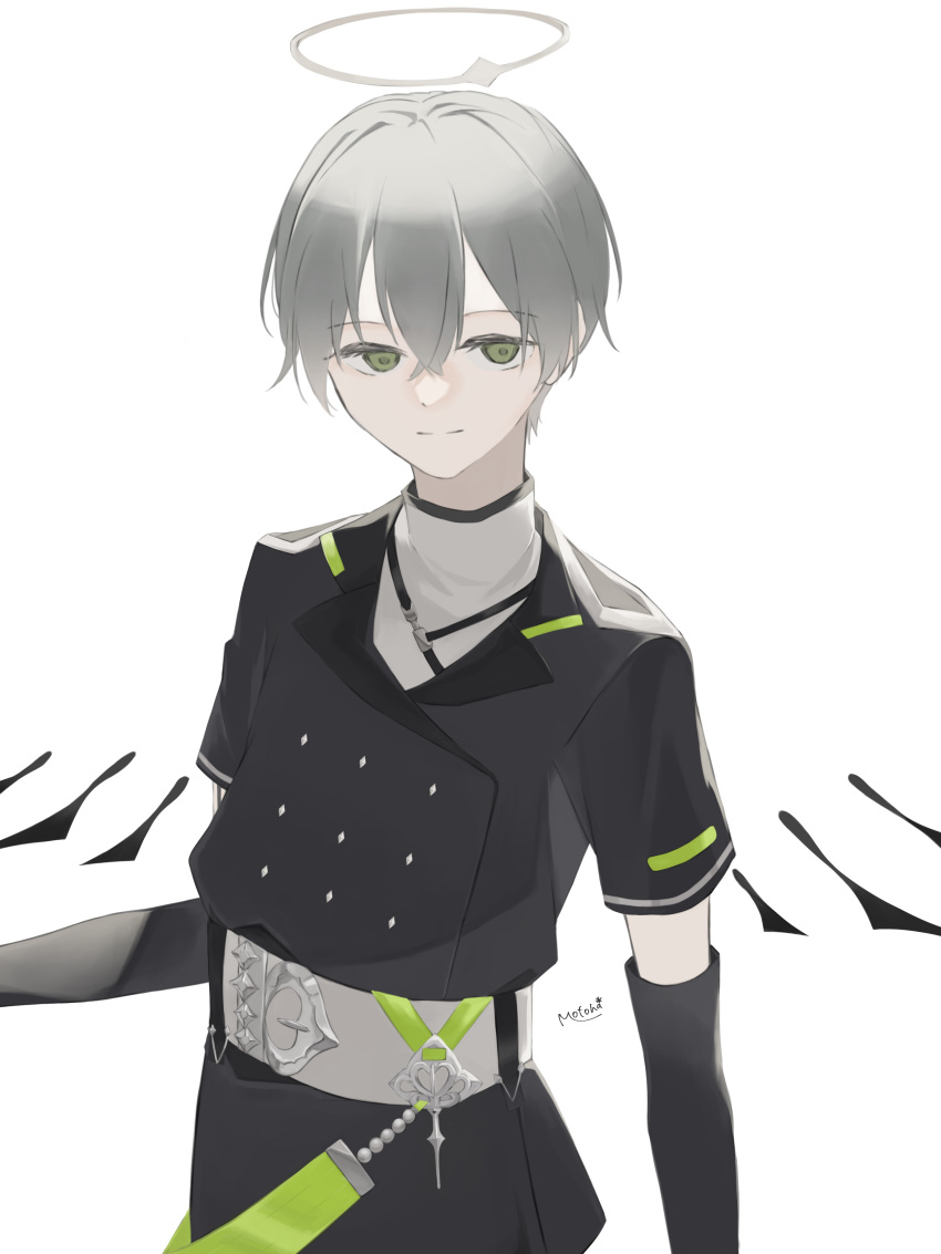 1boy absurdres arene_(arknights) arknights black_gloves black_jacket closed_mouth elbow_gloves gloves green_eyes grey_hair hair_between_eyes halo highres jacket male_focus motoha shirt short_sleeves simple_background smile solo white_background white_shirt