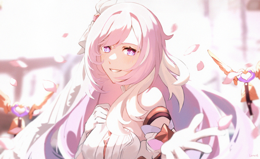 1girl :d bell dress elysia_(herrscher_of_human:ego)_(honkai_impact) elysia_(honkai_impact) gloves grin highres honkai_(series) honkai_impact_3rd long_hair looking_at_viewer lorust outdoors outstretched_arm petals pink_eyes sky smile solo teeth upper_body veil very_long_hair white_dress white_gloves white_sky