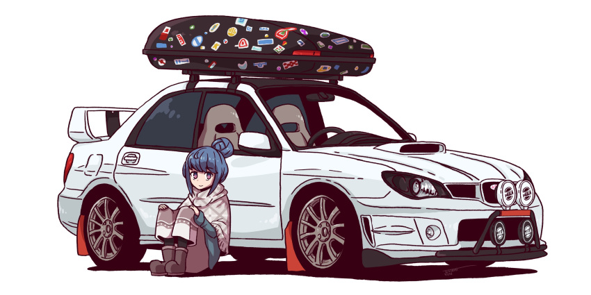 1girl blue_hair boots brown_footwear car closed_mouth commission english_commentary grey_shawl hair_bun hands_on_own_knees highres jestami knees_up light_smile long_sleeves looking_at_viewer medium_hair motor_vehicle shawl shima_rin sidelocks signature simple_background sitting smile solo spoiler_(automobile) sports_car sticker stitched subaru_(brand) subaru_impreza vehicle_focus violet_eyes wide_shot yurucamp